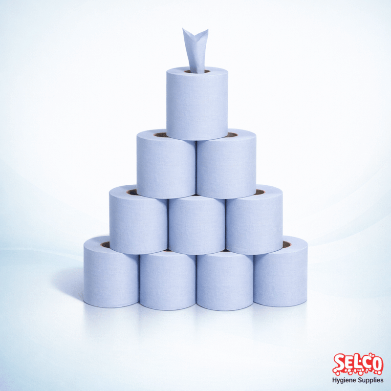 A half pallet of 35 cases of blue 2 ply centrefeed wiper rolls for wholesale cleaning Ireland