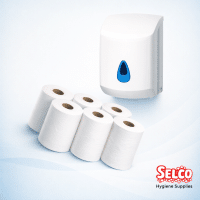 A starter kit containing 6 white centrefeed rolls and a white dispenser Ireland