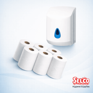 A starter kit containing 6 white centrefeed rolls and a white dispenser Ireland