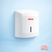 A white wall-mounted centrefeed roll dispenser for commercial kitchens and washrooms Ireland