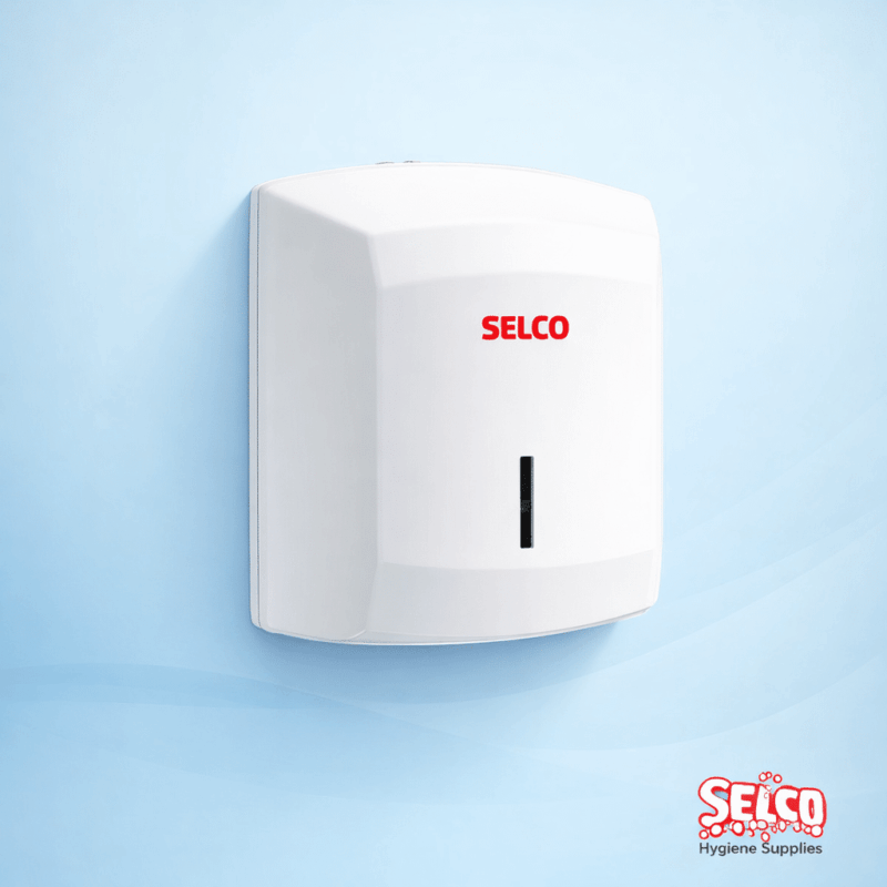 A white wall-mounted centrefeed roll dispenser for commercial kitchens and washrooms Ireland