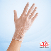 A box of 100 clear powder-free vinyl disposable gloves for healthcare
