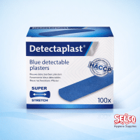 A bulk box of 100 blue detectable safety plasters for food production