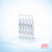 A pack of 20ml sterile saline eye wash pods with snap-off tops