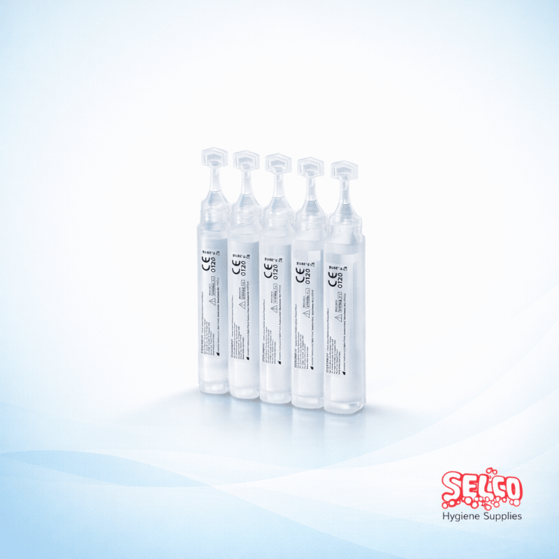 A pack of 20ml sterile saline eye wash pods with snap-off tops
