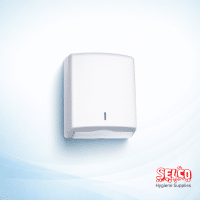 A slim white Jofel Z-fold hand towel dispenser and a stack of 2-ply soft white interfold towels Ireland
