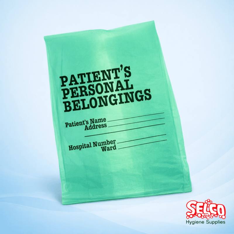 Bulk case of green hospital patient property bags for healthcare facilities in Ireland