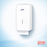 A white Jofel bulk pack interleaved toilet tissue dispenser for commercial use Ireland