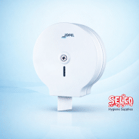 A white Jofel mini jumbo toilet roll dispenser for commercial washrooms Ireland
