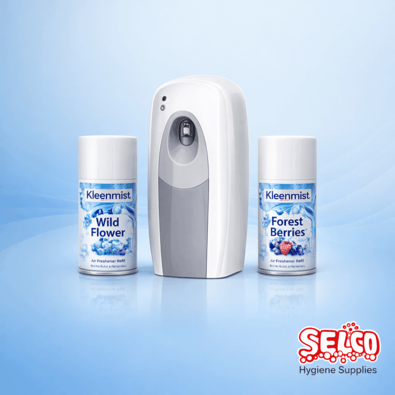 A Kleenmist air fragrance starter kit including a white Bobson AD100 dispenser and three aerosol refills Ireland