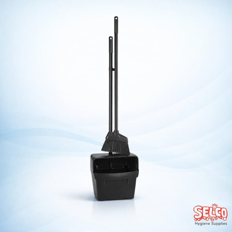 A black heavy duty long handled lobby dustpan set with a closed lid and matching brush Ireland