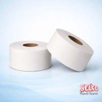 A case of 12 Adapt Mini Jumbo 2-ply soft embossed toilet rolls for commercial washrooms