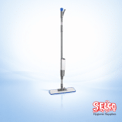 Pro Mist spray mop complete kit showing the ergonomic handle and blue microfibre flat mop pad Ireland
