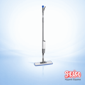 Pro Mist spray mop complete kit showing the ergonomic handle and blue microfibre flat mop pad Ireland