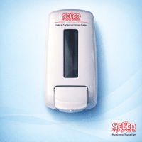 A white 1.1 litre bulk fill wall mounted soap and sanitiser gel dispenser Ireland