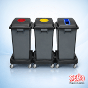 A professional 3-bin 60 litre modular recycling station with wheeled dollies and colour coded lids Ireland