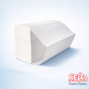 A stack of 2-ply white Z-fold interfold paper hand towels for washrooms Ireland
