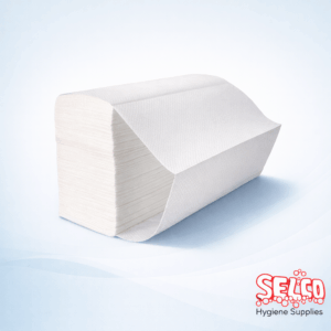 A stack of 2-ply white Z-fold interfold paper hand towels for washrooms Ireland
